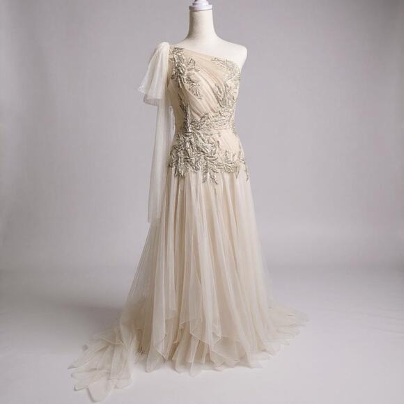 Galina Signature Dresses & Skirts - Galina Signature One-Shoulder Champagne Wedding Gown/ Dress - Size 6